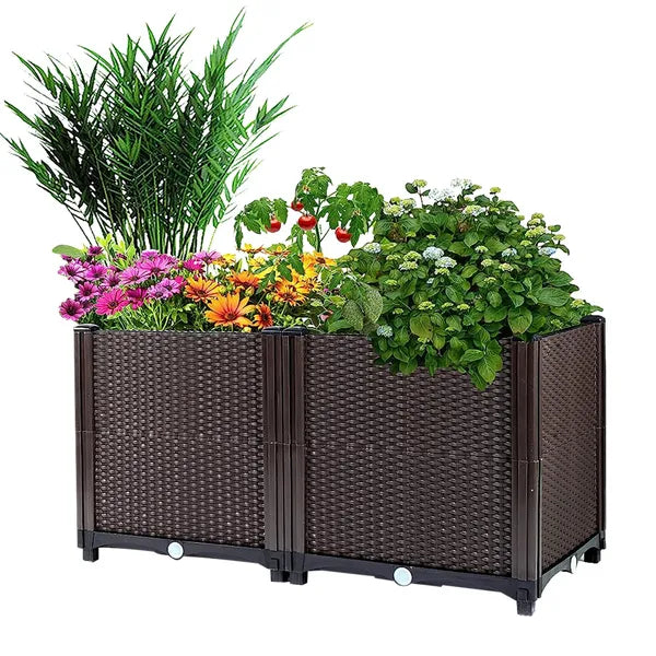 Self-Watering Raised Garden Bed with Water Tray - Rectangle Planter for Flowers Vegetables Herbs
