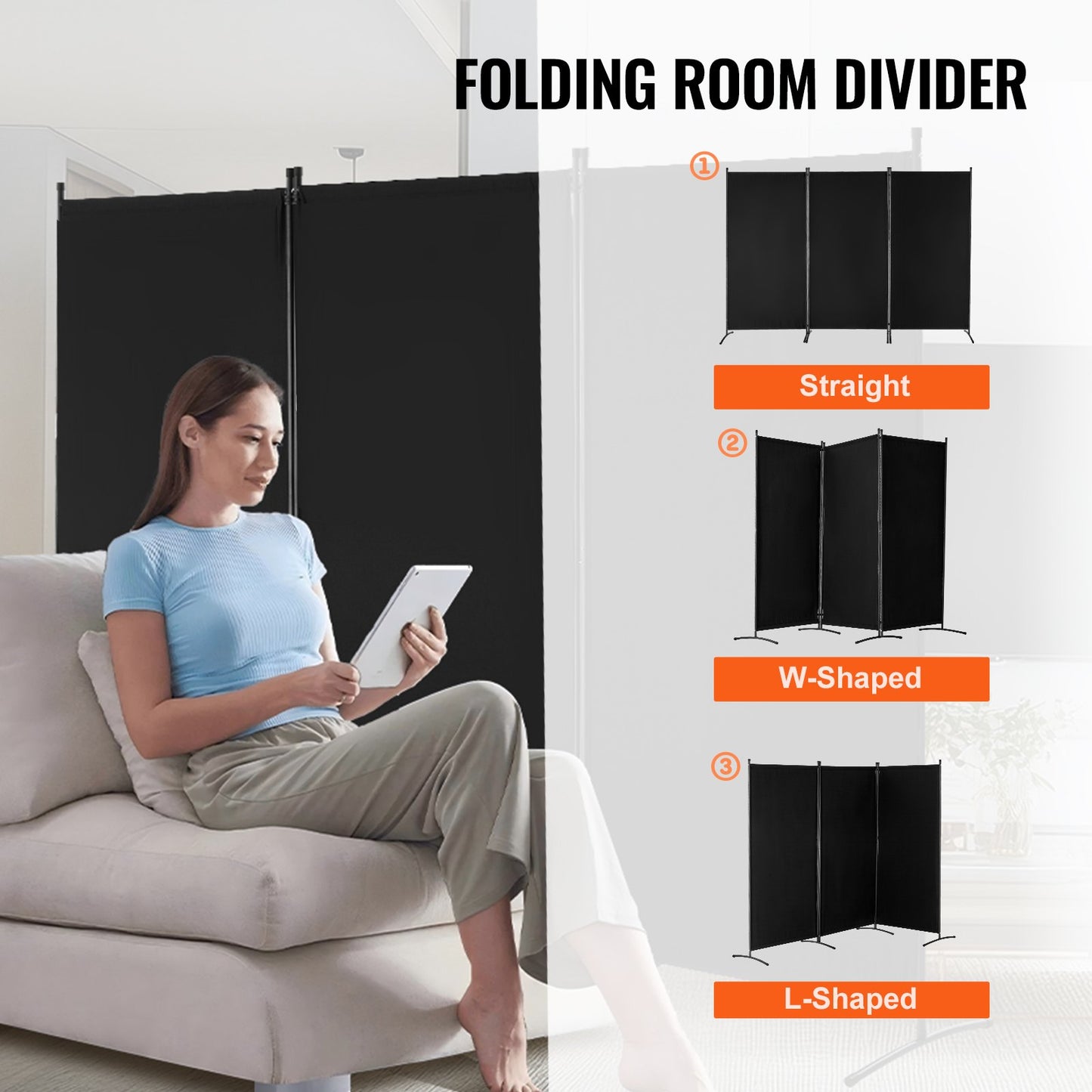 3 Panel Folding Room Divider - Portable Privacy Screen in Black