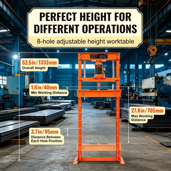 12 Ton Hydraulic Shop Press with Adjustable Frame for Garage & Workshop