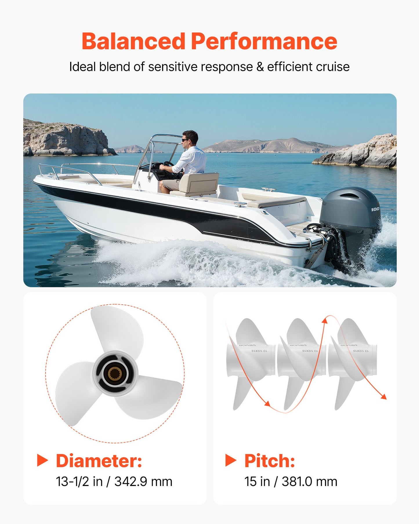Outboard Boat Propeller 3-Blade RH Aluminum Fit Yamaha 60-130 HP Replacement