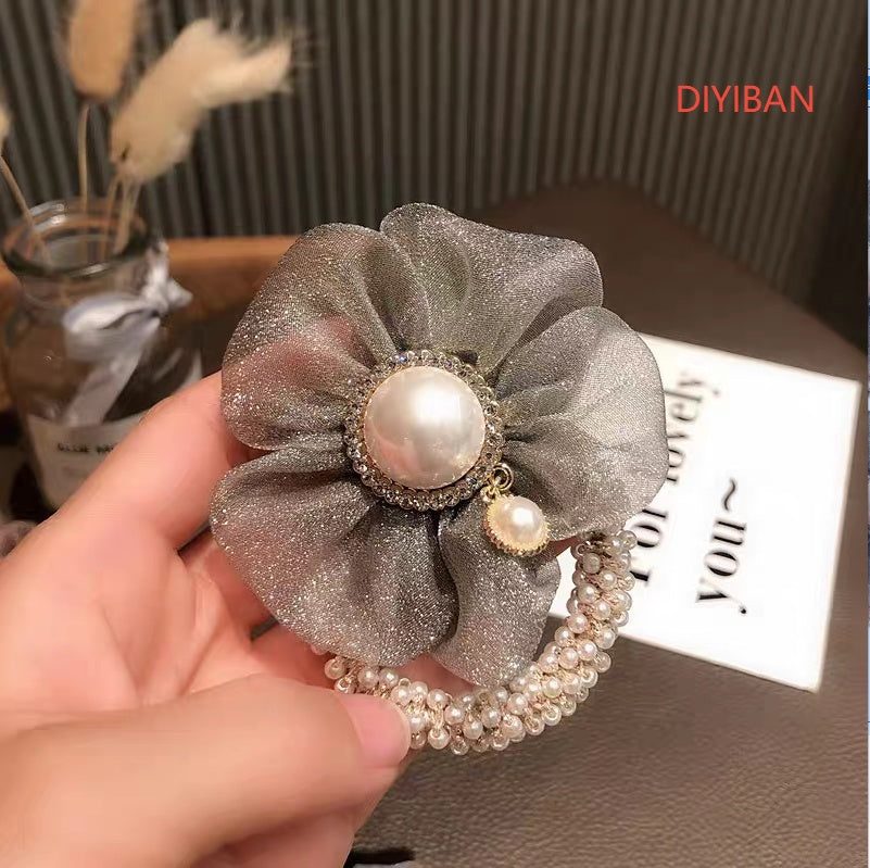 Delicate Pearl Flower Fabric Hair Scrunchie - Geometric Hair Tie
