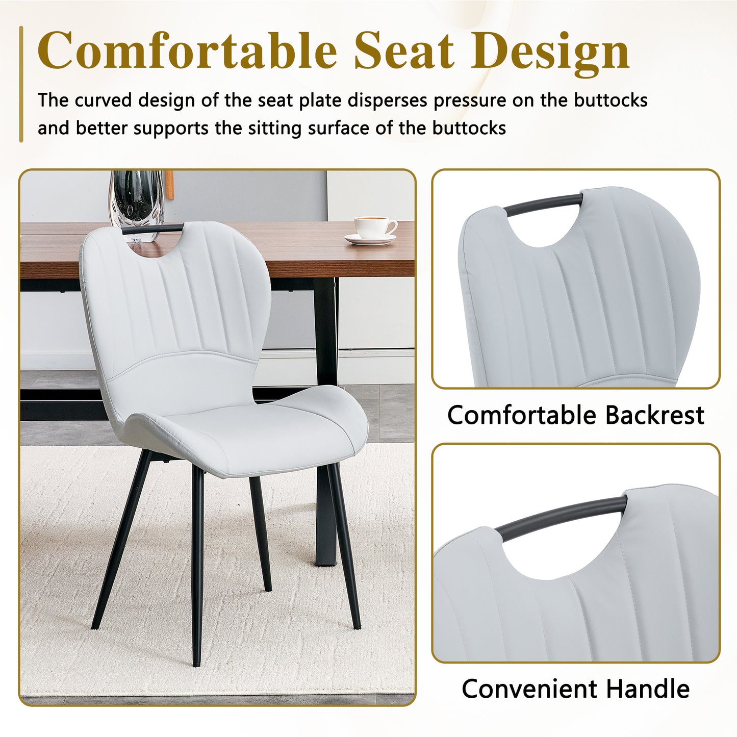 Set Of 4 Light Grey PU Dining Chairs With Integrated Handle. Black