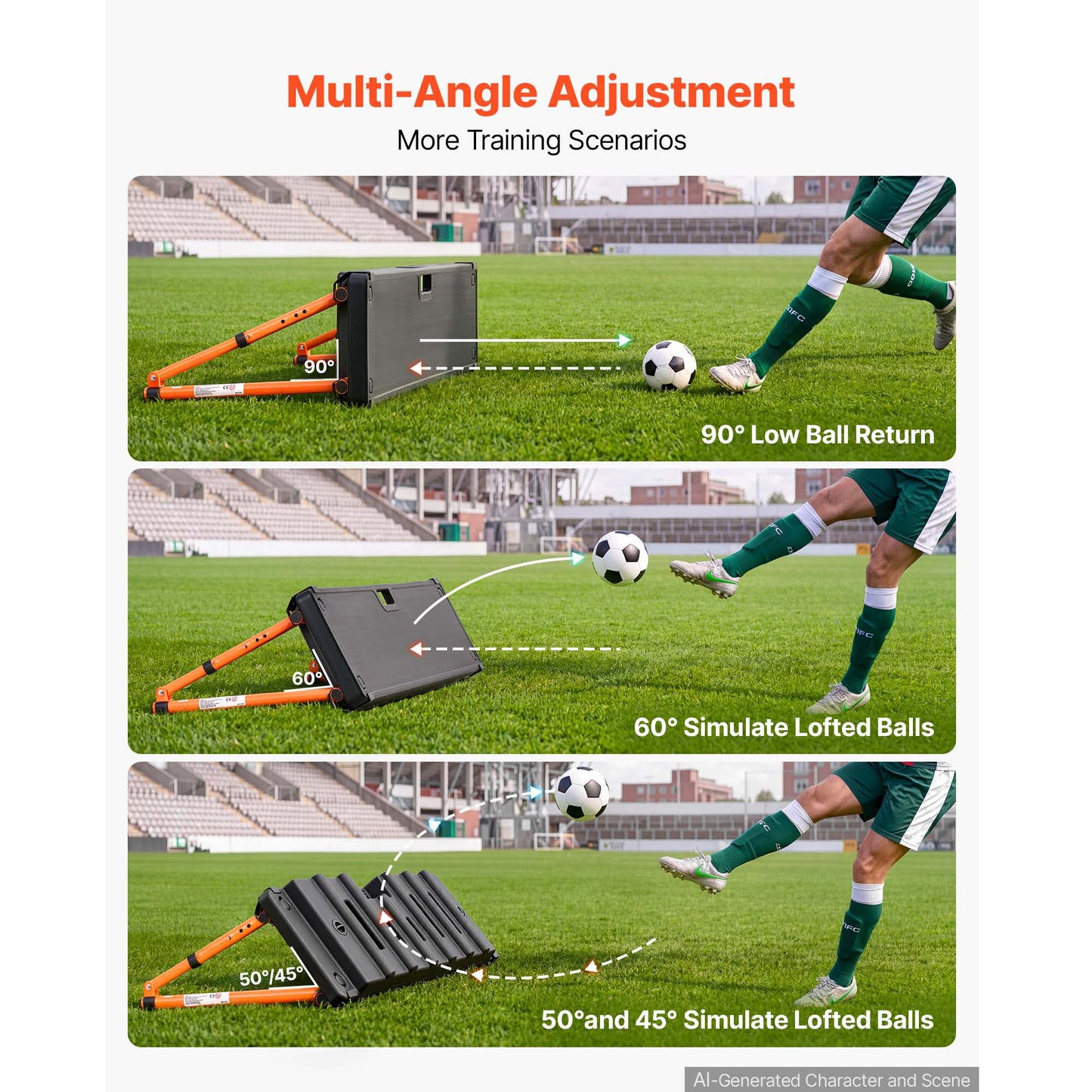 Soccer Rebounder Wall, 37.4 x 9.8 Inch Dual-Sided Practice Board with 4 Angles