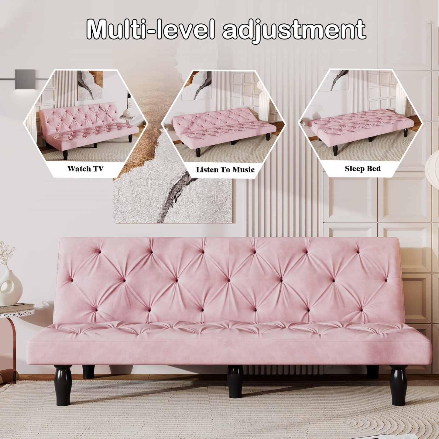 66" Pink Velvet Sofa Bed - Stylish Convertible for Living Rooms