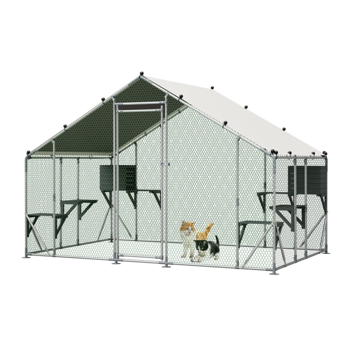 Outdoor Metal Cat Cage 3x2m with Solid Wood Platform Waterproof Tarp Safety Lock