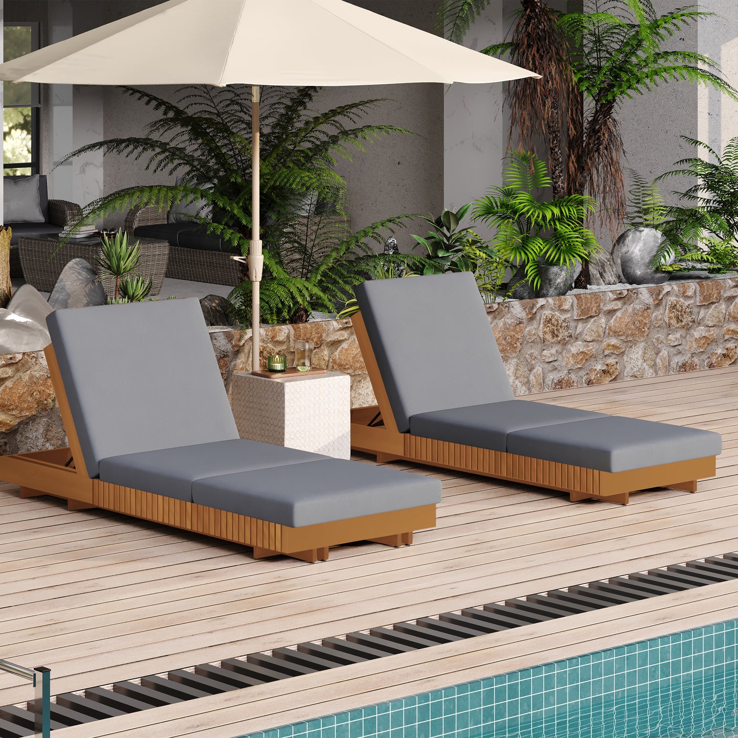 Lounge Chaise Set - Acacia Wood with Dark Grey Cushion