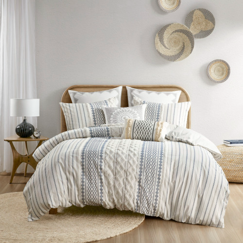 Queen Cotton Printed Duvet Cover Set with Chenille - Multicolor