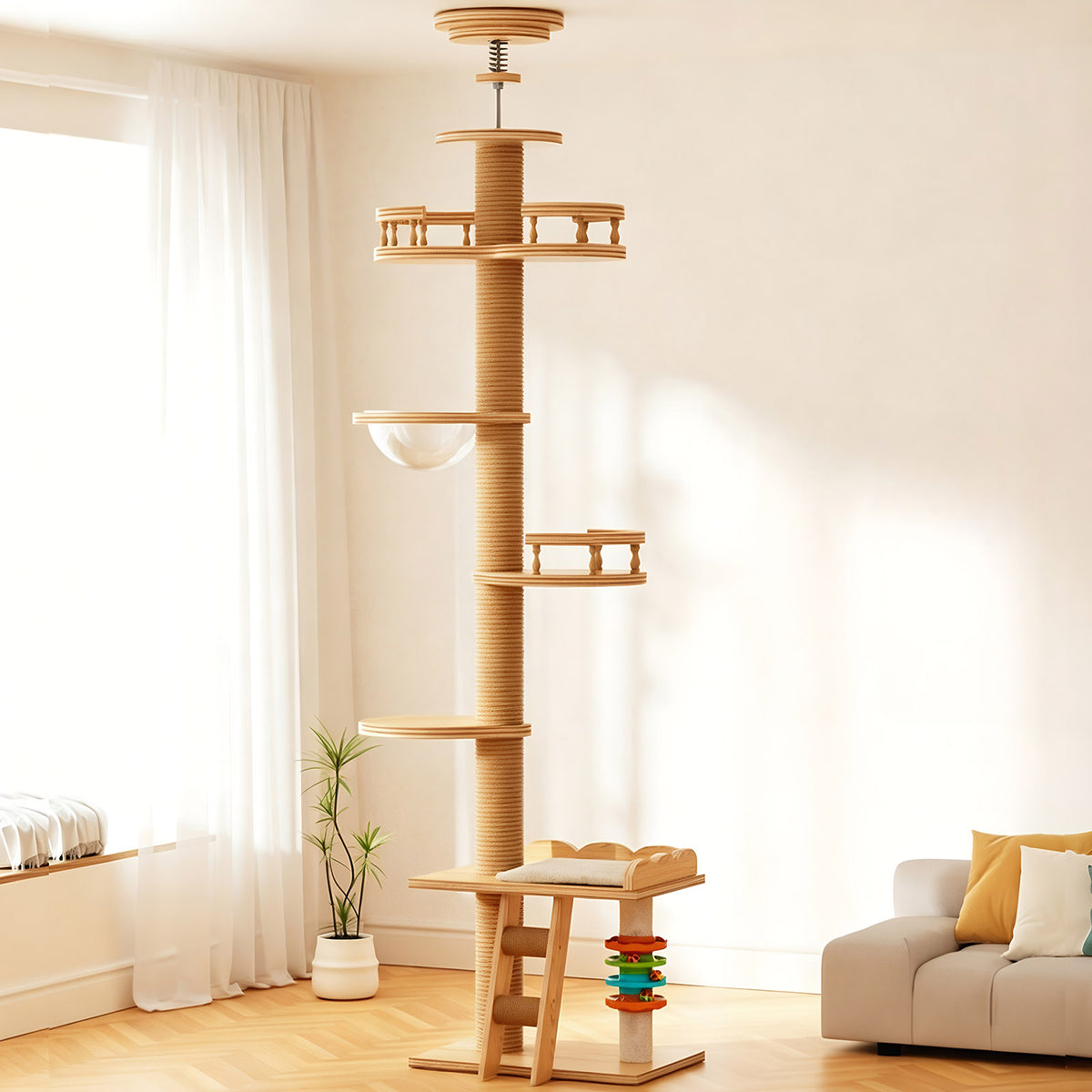 Adjustable Floor-to-Ceiling Cat Tree Tower with Sisal Post & Toys, Natural Finish