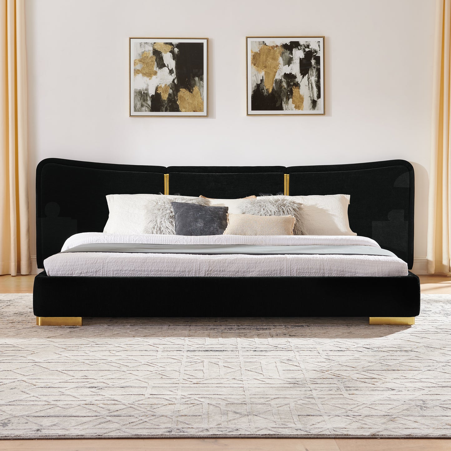 King Size Platform Bed with Soft Chenille Frame & Curved Headboard - Black