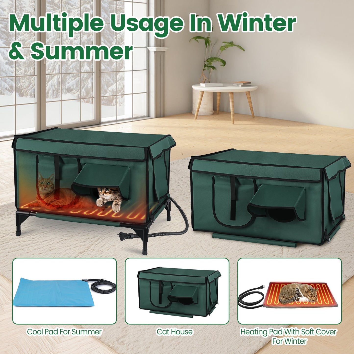 Outdoor Waterproof Heated Cat House with Insulated Shelter, 2 Doors & 3 Windows, Weatherproof Feral Cat Shelter - Green