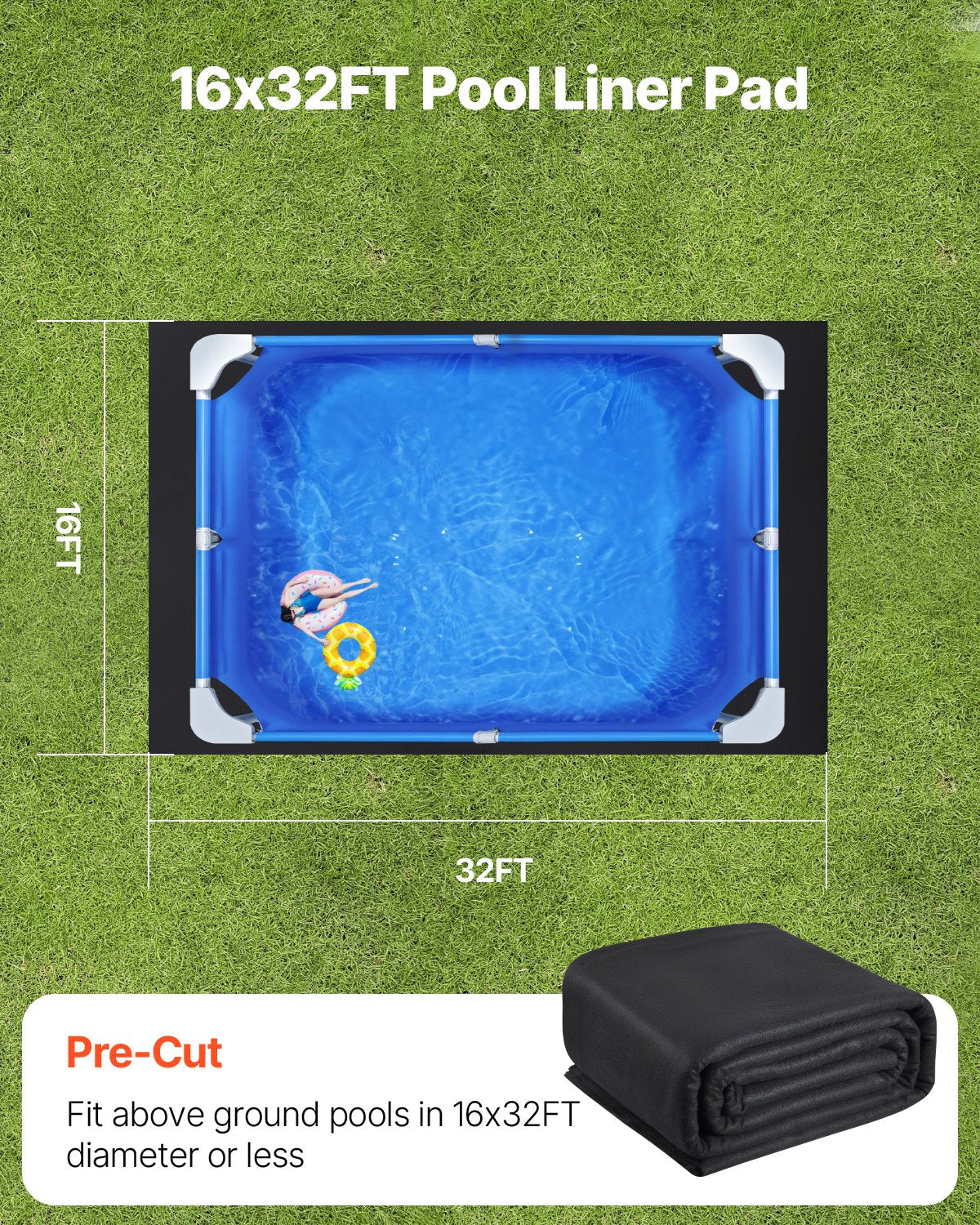 Heavy Duty Pool Liner Pad 16x32ft for Above Ground Pools - Puncture-Resistant Black