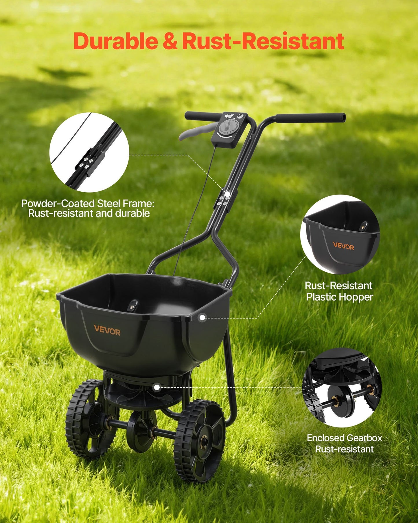 Garden Broadcast Spreader with 9.8 ft Width, 15 lbs Capacity, All-Terrain Tires