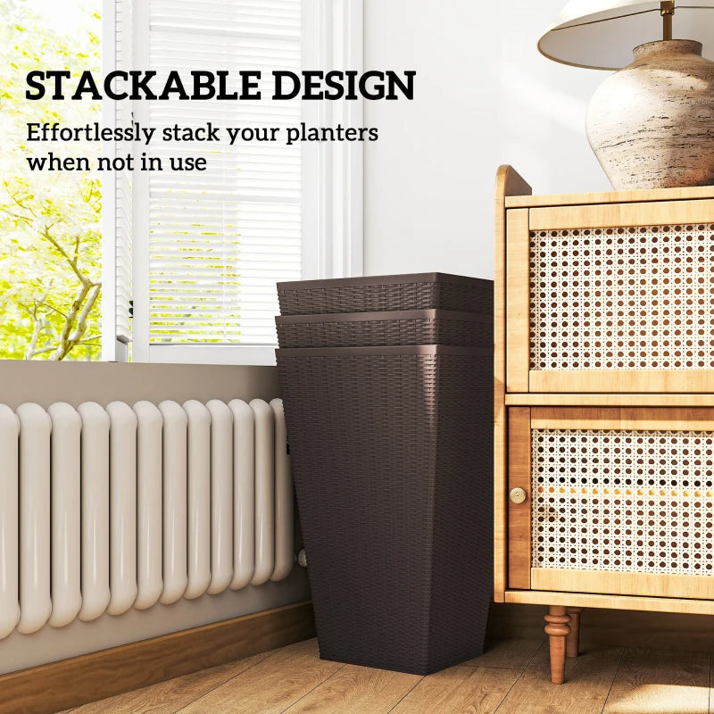 Set of 3 Tall Outdoor & Indoor Planters with Drainage Holes - Brown
