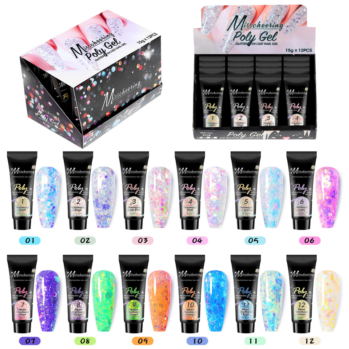 12-Color Sequin Nail Extension Kit - Nail Art & Gel Accessories