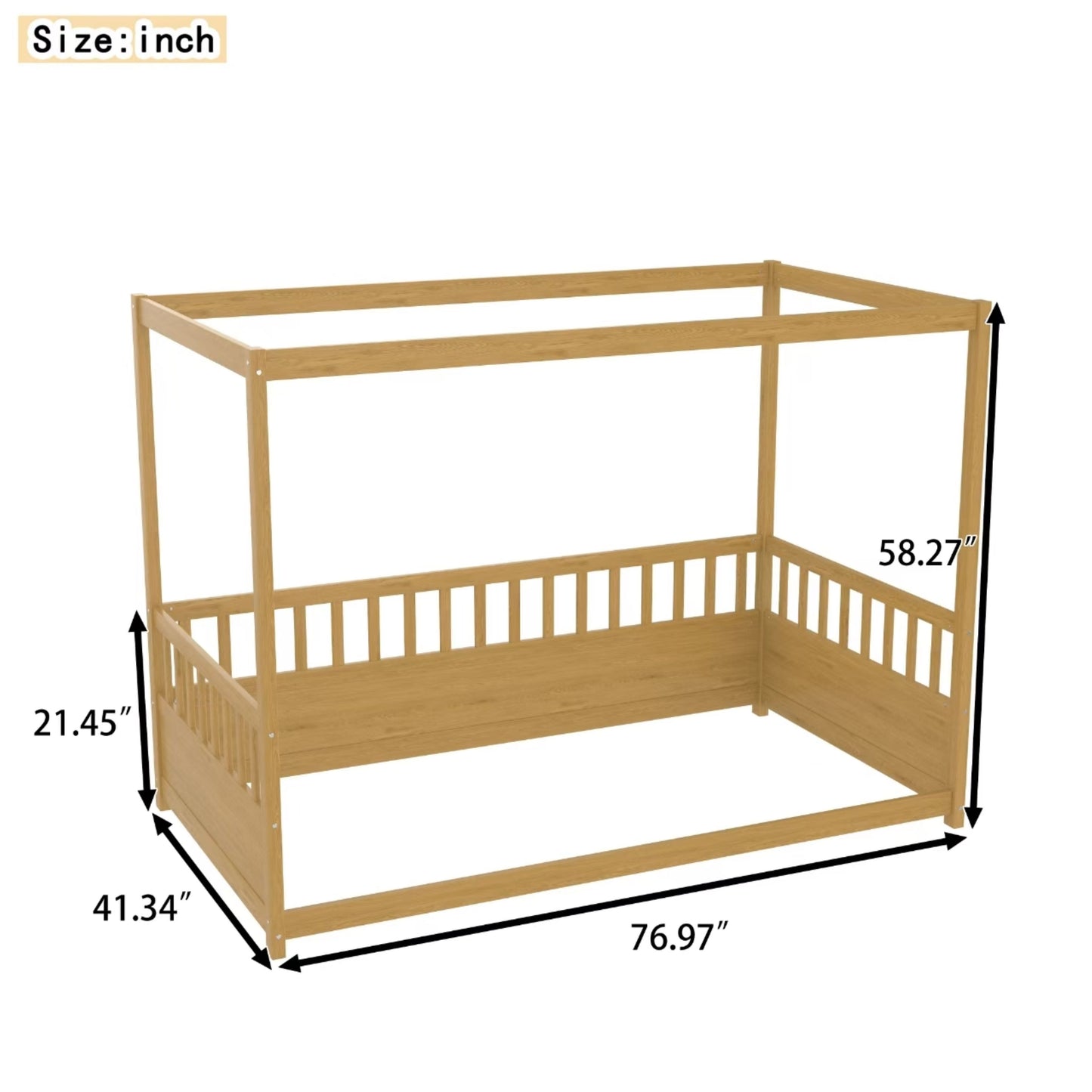 Twin Size Canopy Bed Frame with Guardrails - Natural Wood
