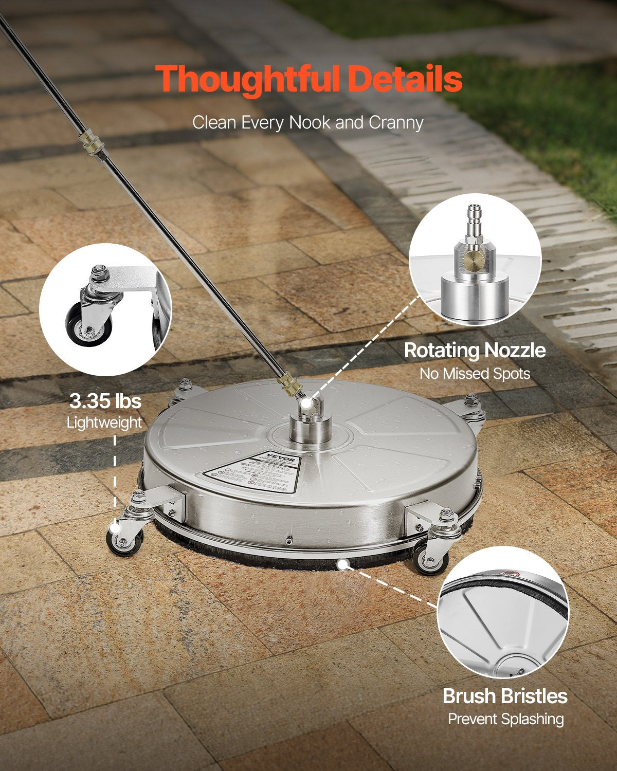 18-Inch Pressure Washer Surface Cleaner 4000 PSI with 4 Wheels & 2 Extension Wands - Silver