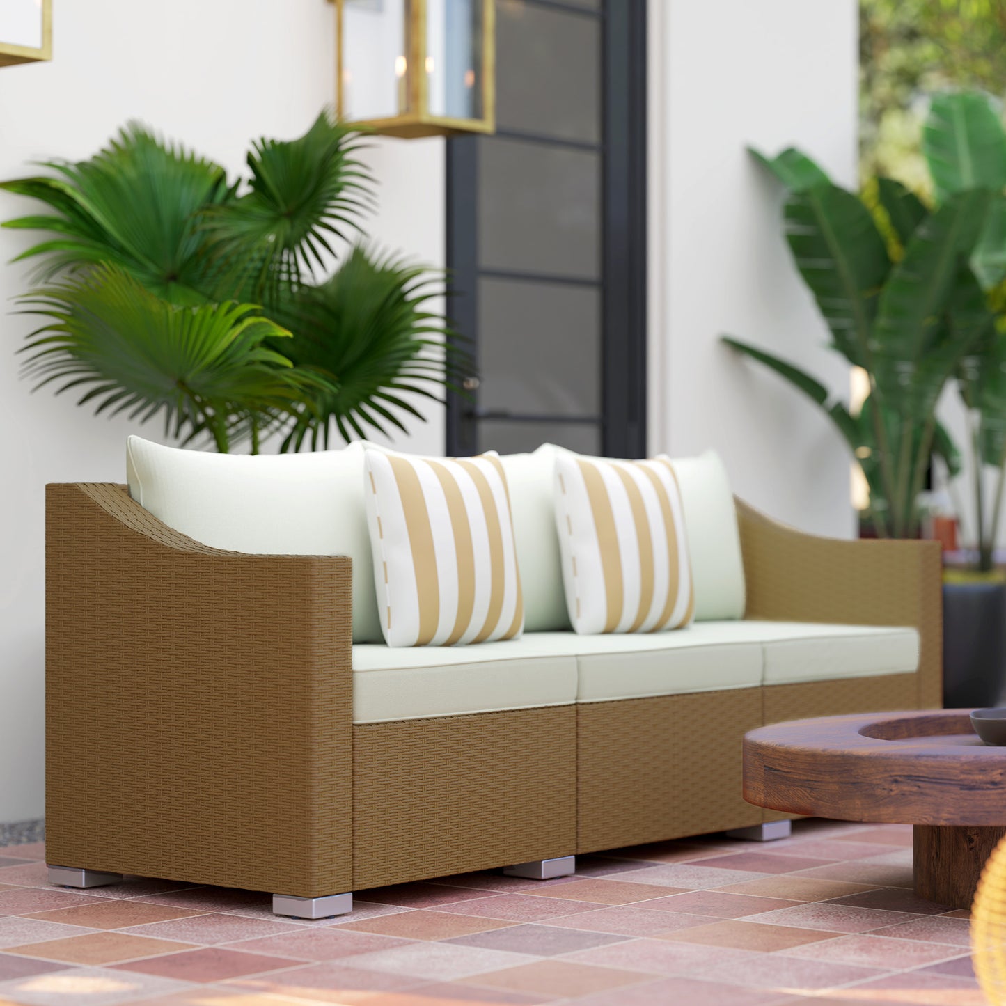 Light Gray Rattan Wicker 3-Seater Outdoor Sofa with Cushions