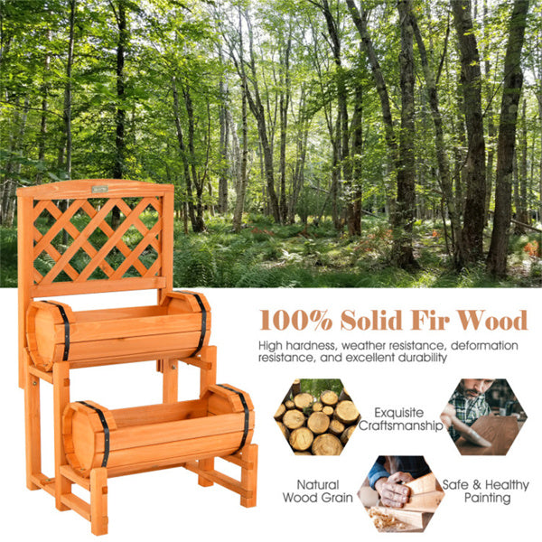 2-Tier Fir Wood Raised Garden Bed with Trellis - Outdoor Planter Box