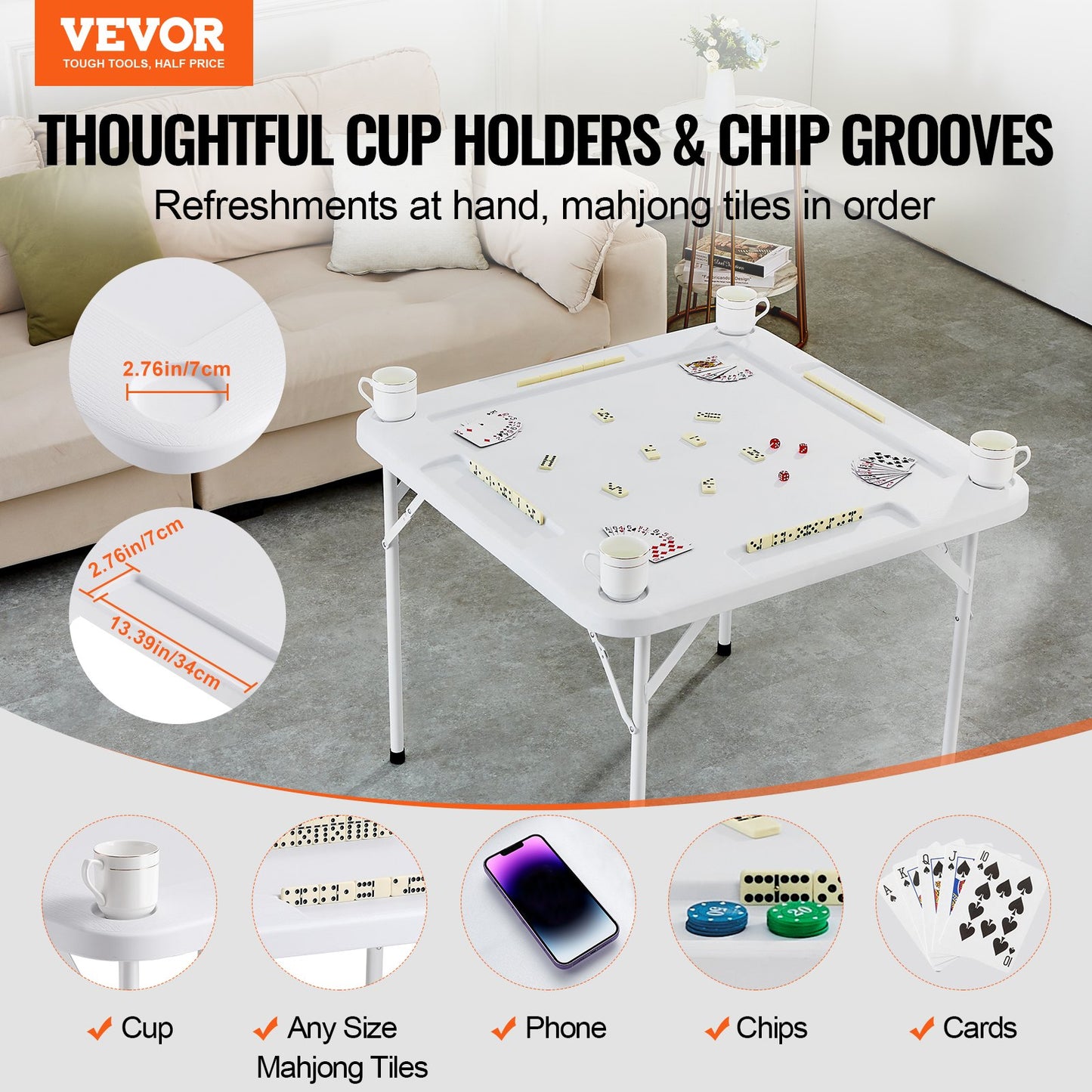 Folding Mahjong Table for 4 Players with Cup Holders - White