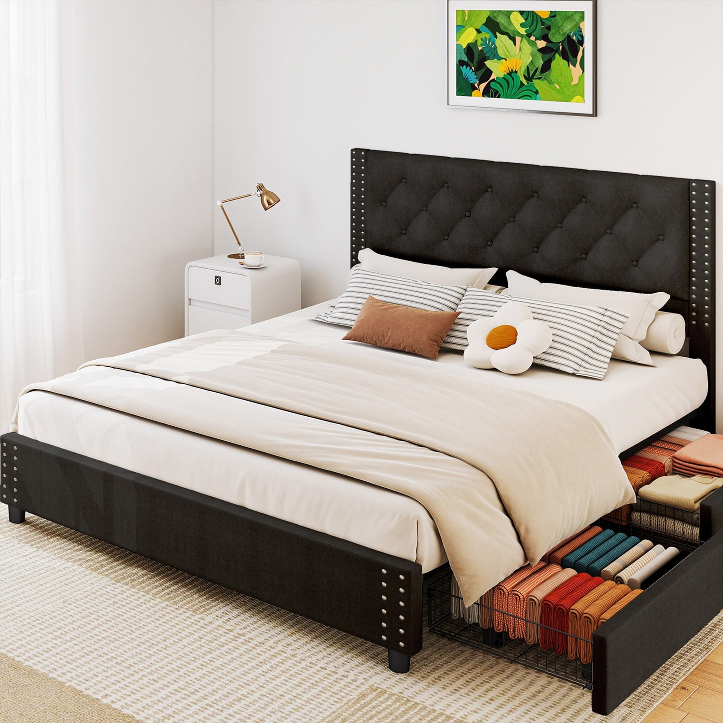 Queen Size Bed Frame With Upholstered Button Tufted Headboard Wood