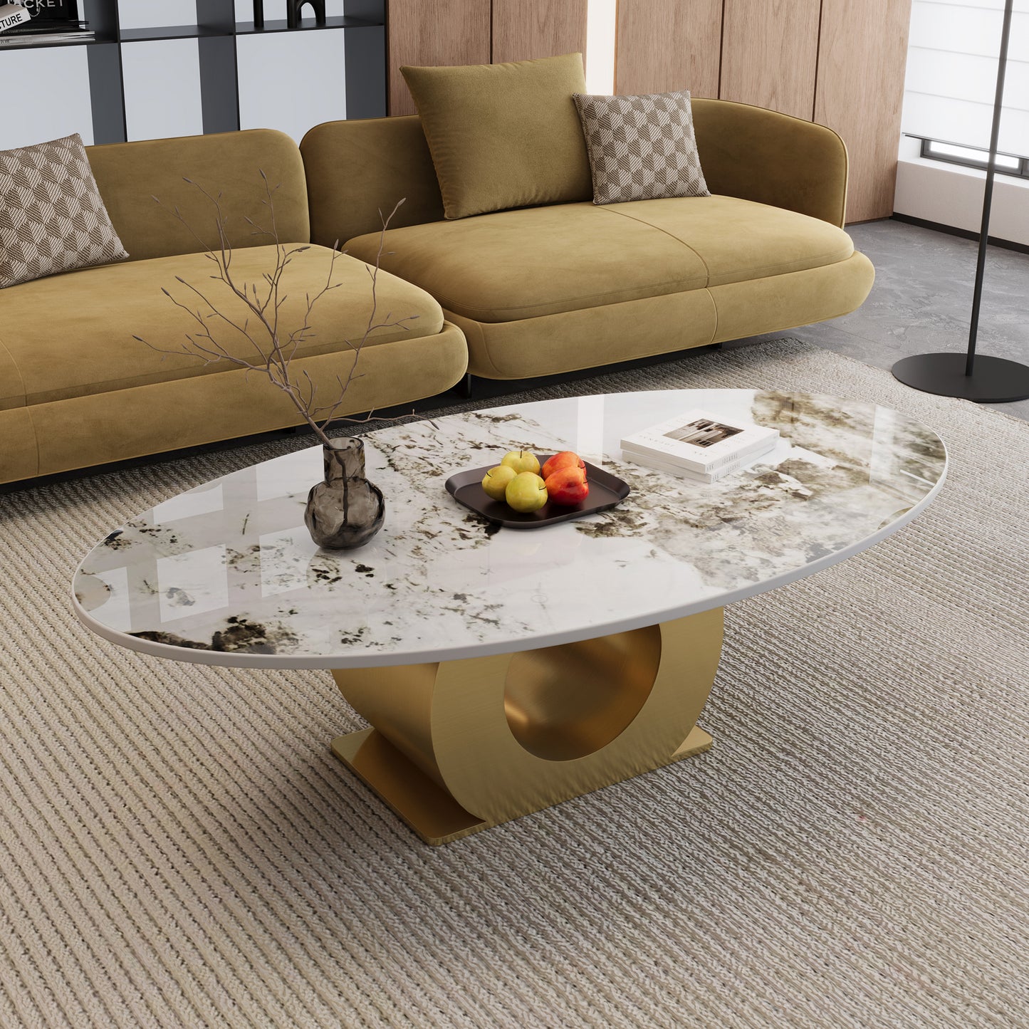 Modern 49.2" Oval Sintered Stone Coffee Table with Stainless Steel Base - Gold & White
