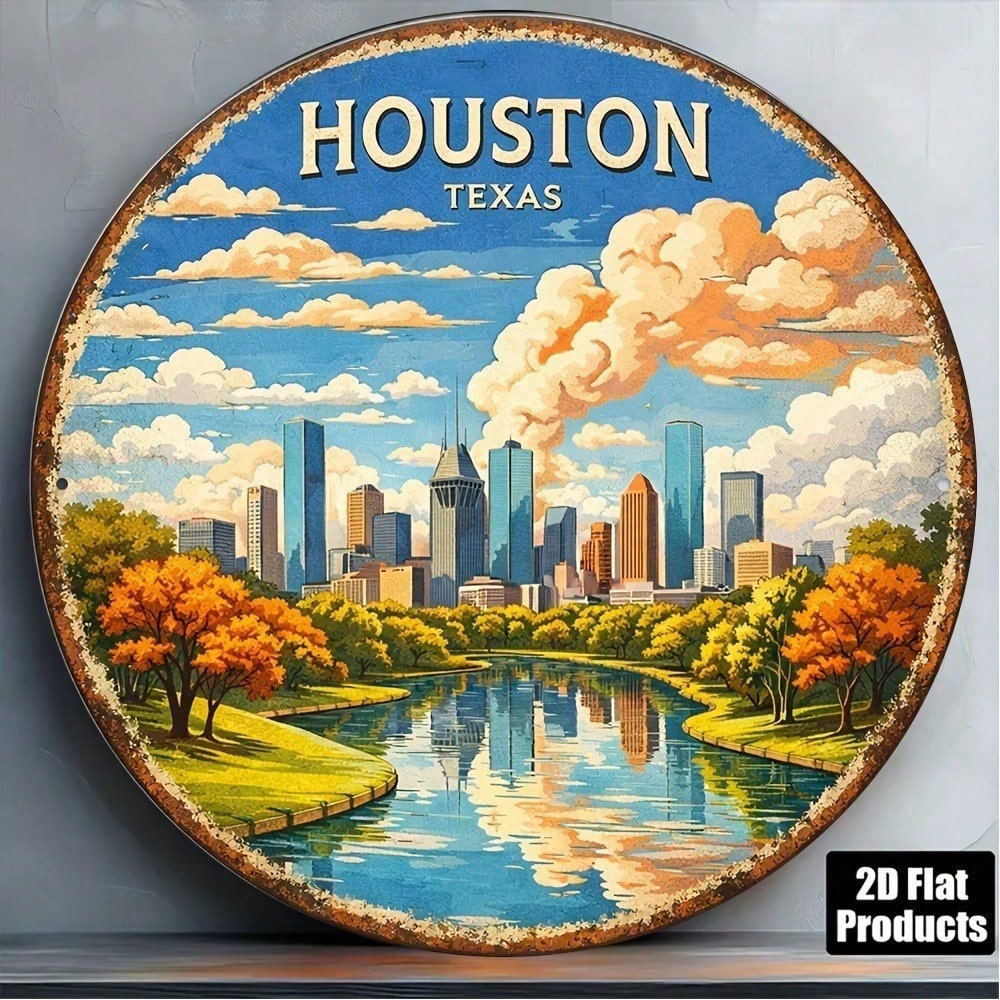 Vintage Houston Texas Cityscape Round Wall Sign - 8x8in