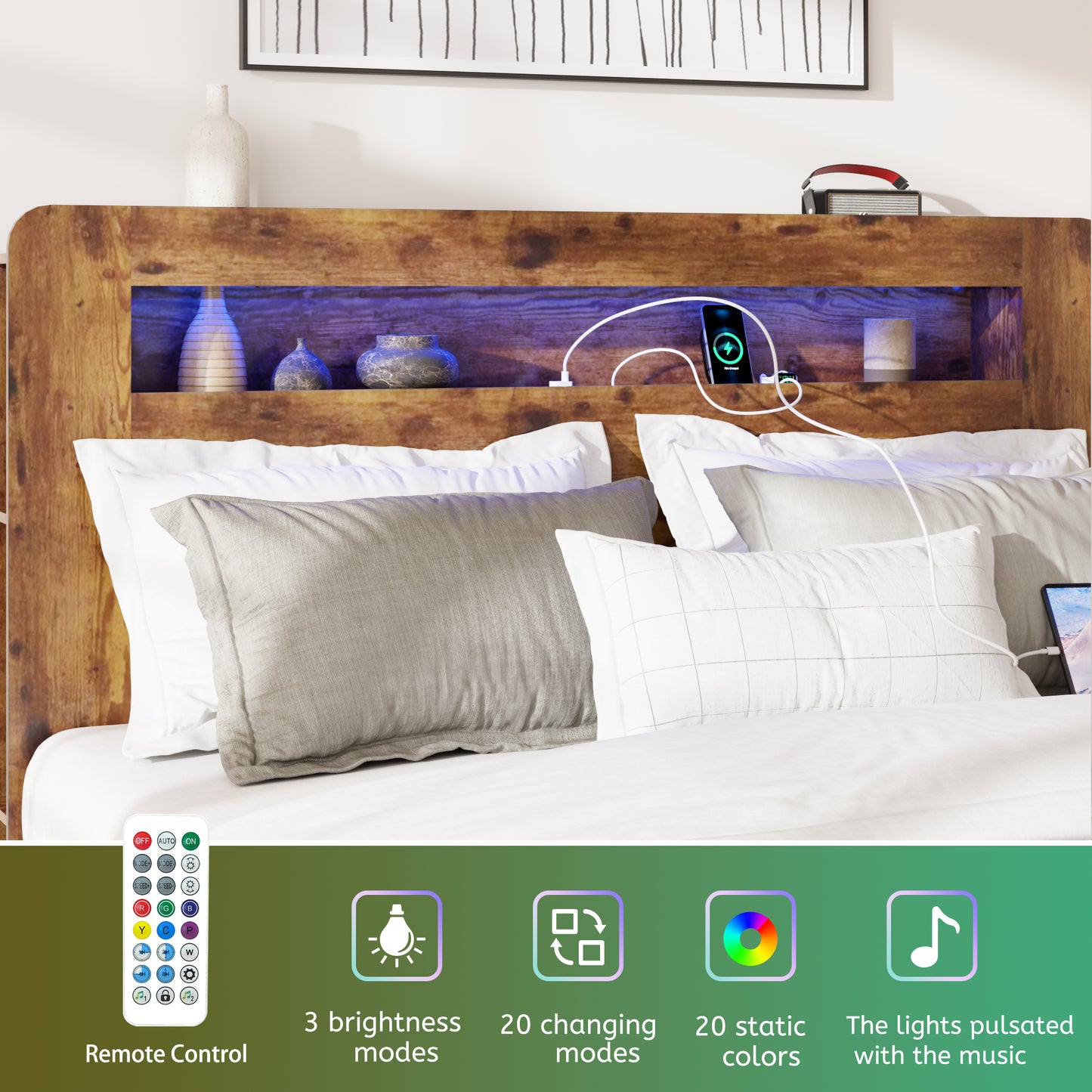 Queen Wood Bed Frame with LED Headboard, USB Ports & Storage