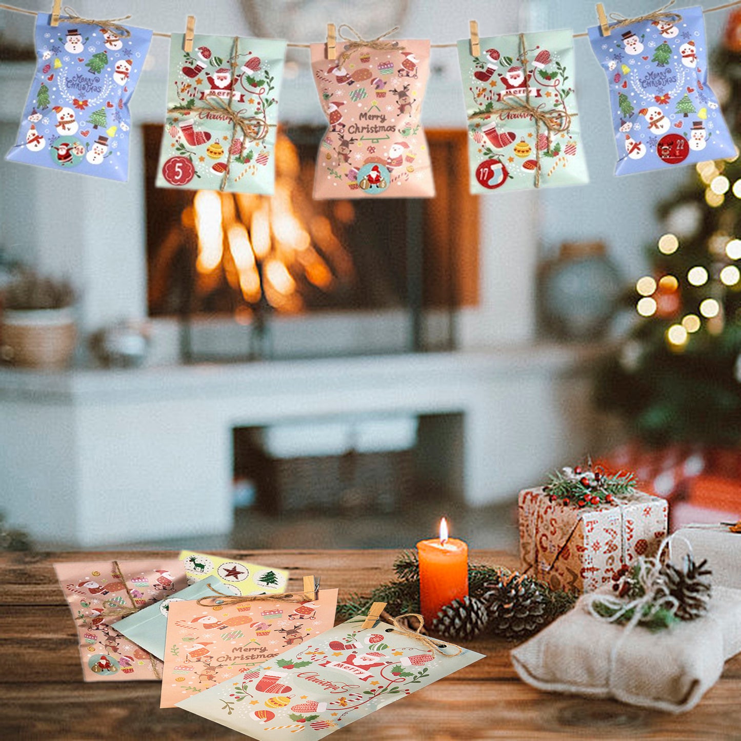 24 Christmas Gift Bags - Red, Green & Blue Paper Candy Bags