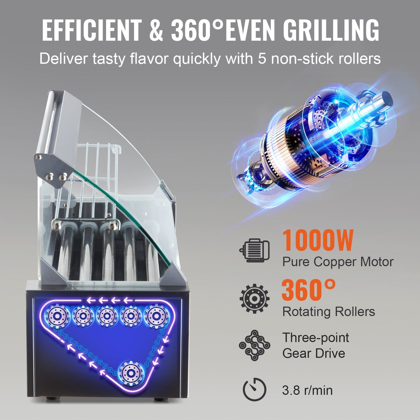 Commercial Hot Dog Roller Grill - 5 Non-Stick Rollers, 12 Hot Dogs Capacity, Stainless Steel, Dual Temperature Control, Silver