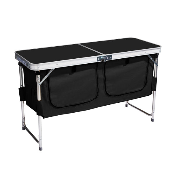 Portable 4ft Folding Camping Table with Storage Compartments - Black
