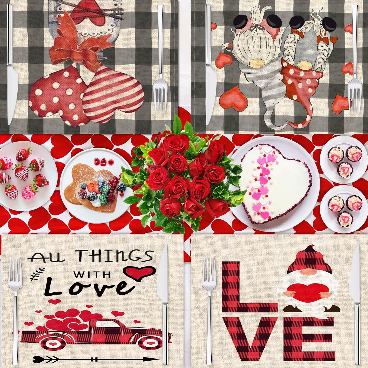 Valentine's Day Gnome Placemats Set of 4 - 17x12.5 Inches