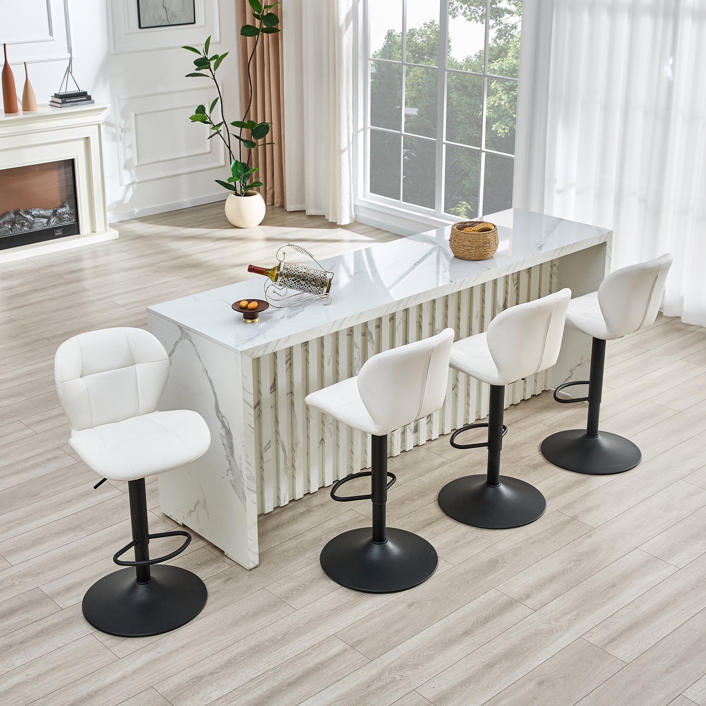 Set Of 2 Height Adjustable Bar Stools, White PU Upholstered Tufted