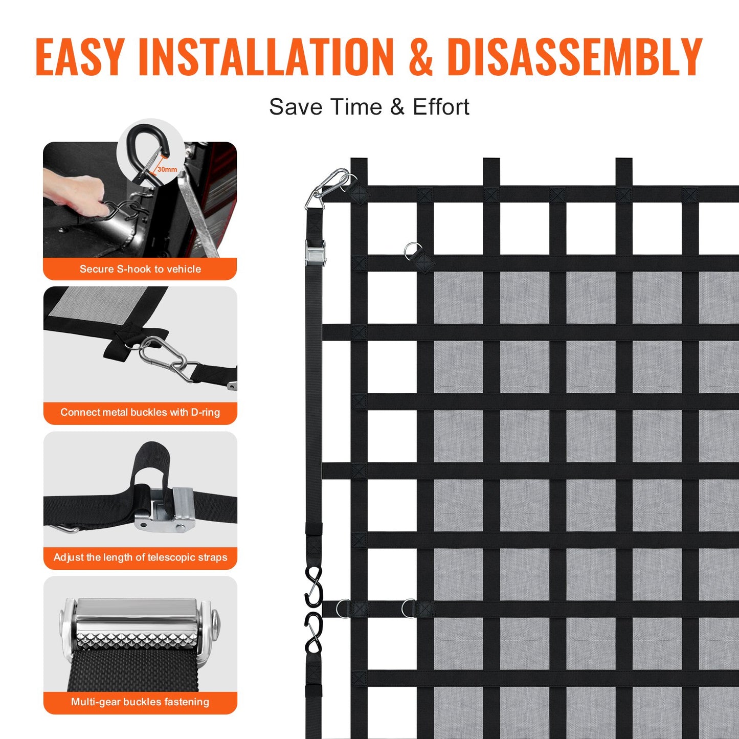 Heavy Duty Cargo Net 96x81 Inches with Adjustable Buckles & S-Hooks - Weatherproof Load Capacity 1500 lbs