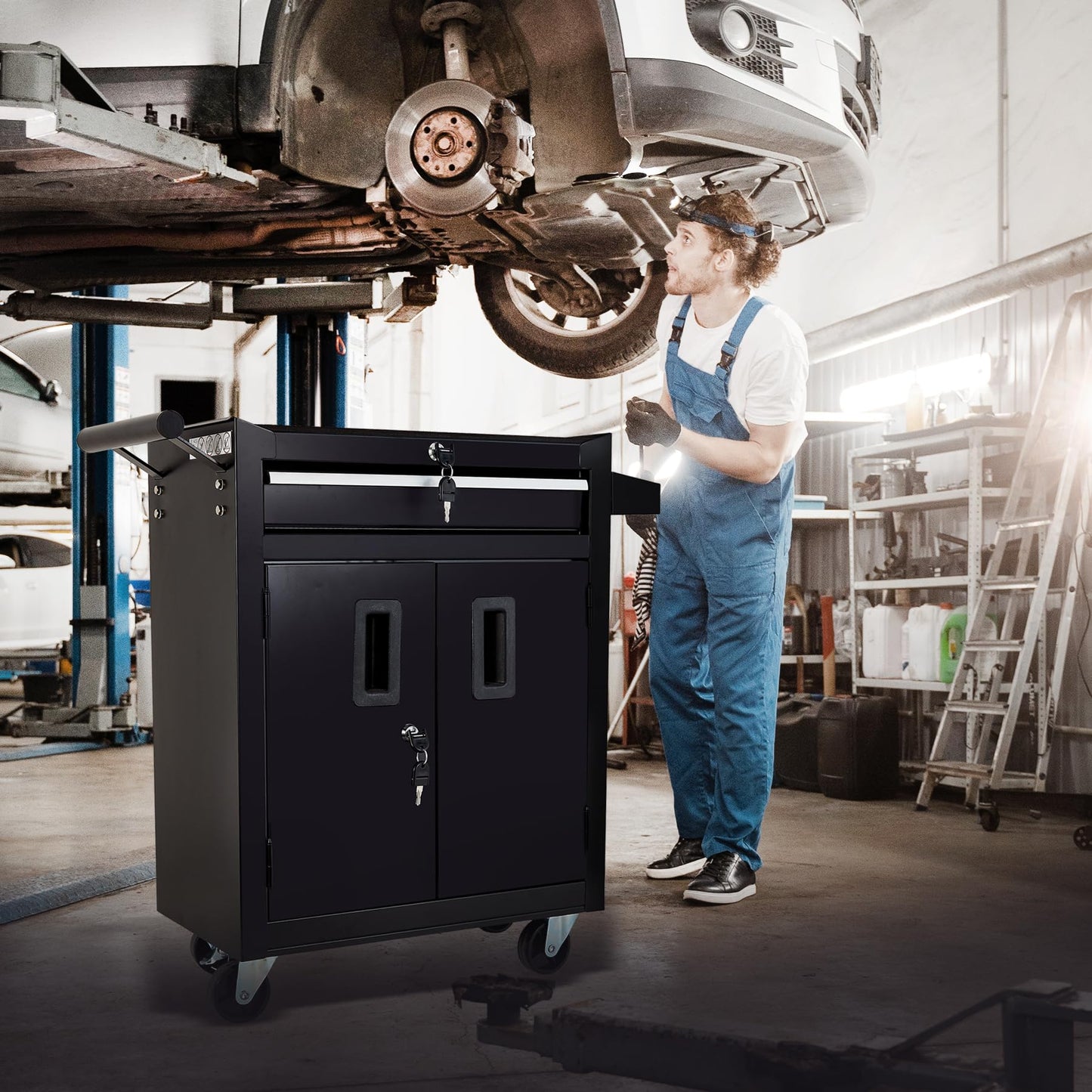 Steel Tool Chest with Drawer and Lockable Doors - Mobile Workstation