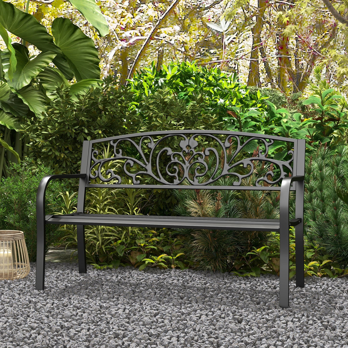 50" Floral Design Garden Patio Bench - Comfortable Black Steel