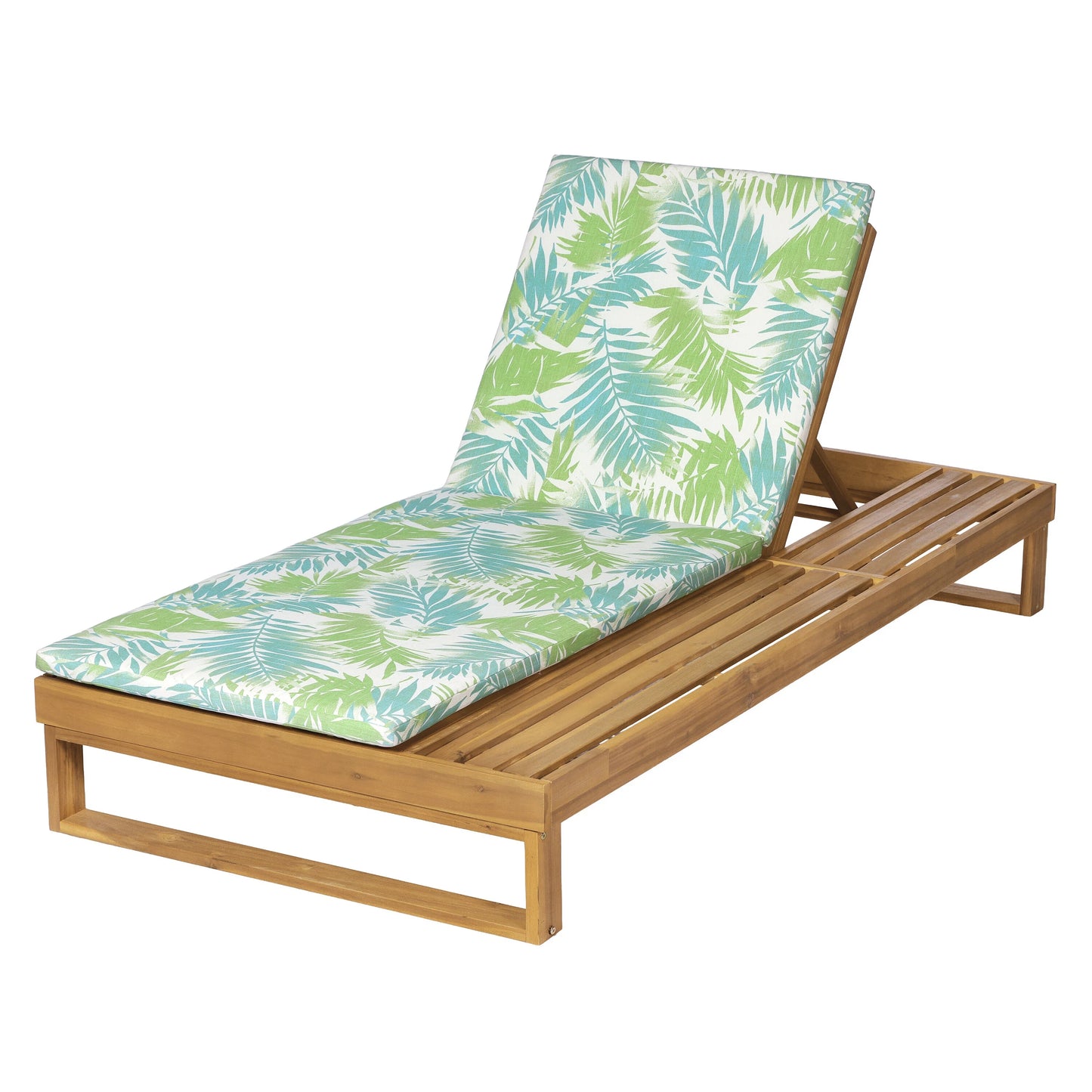 Acacia Wood Chaise Lounge with Adjustable 2-Fold Cushion Set - Green Leaf