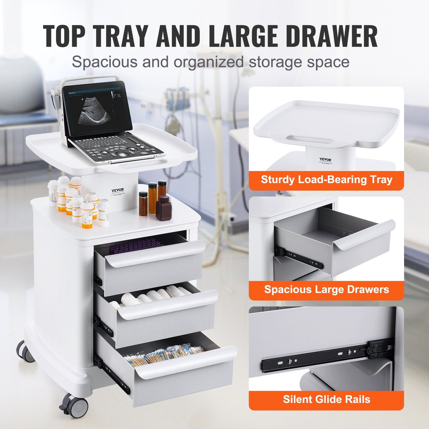 4-Tier Mobile Medical Cart with 3 Drawers & Top Tray - White