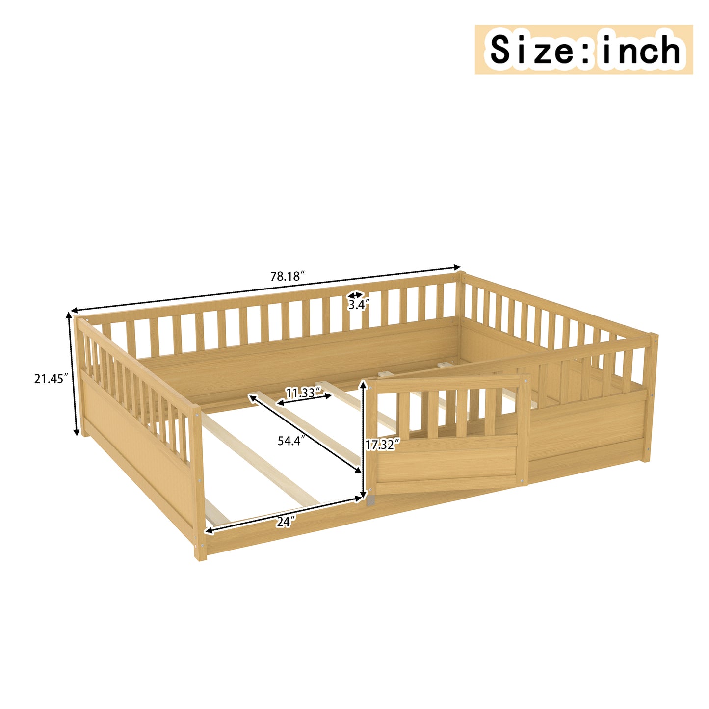 Full Size Montessori Floor Bed with High Security Barrier - Natural Wood
