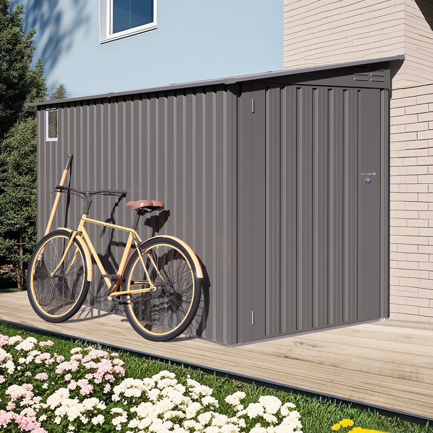 4x9 FT Lean To Shed With Windows, Metal Garden Tool House Sloping