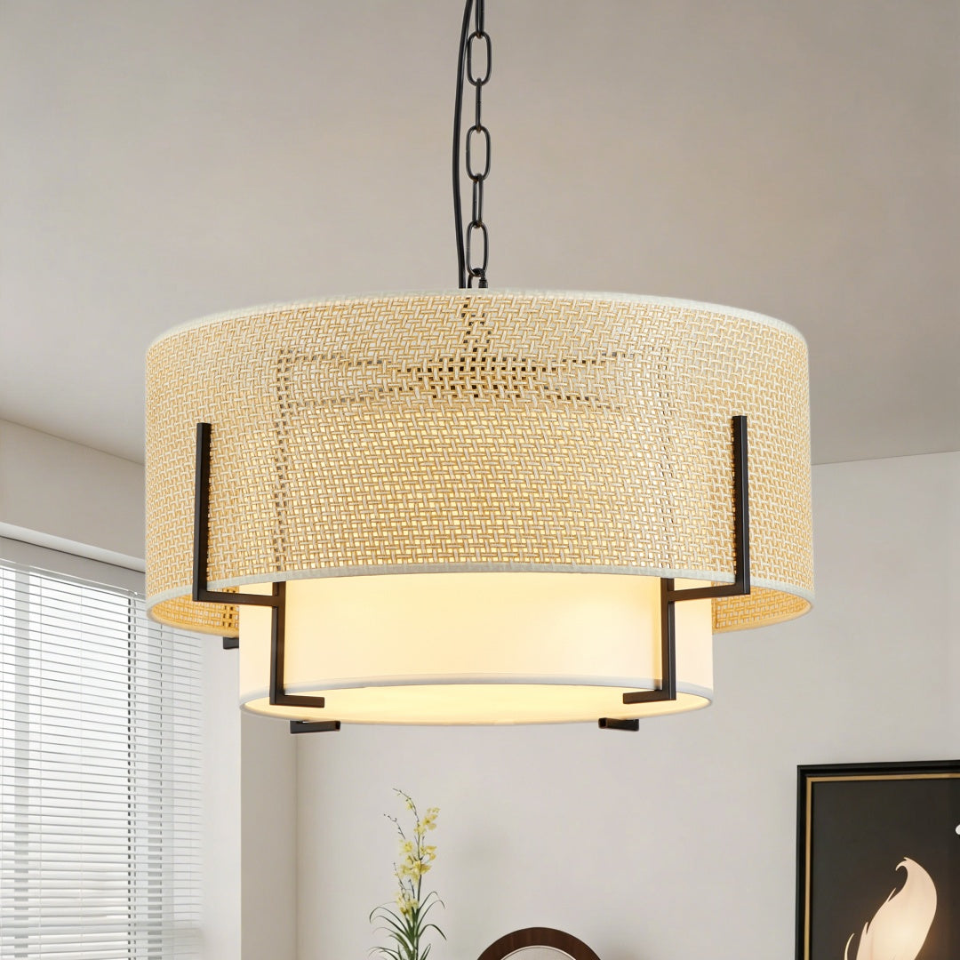 19.7in Farmhouse Boho Rattan Chandelier with Fabric Shade - 4-Light Pendant Light for Dining Room Kitchen Bedroom