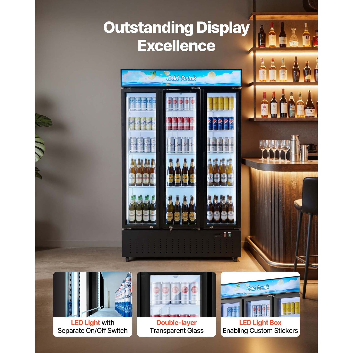 Commercial Beverage Cooler Refrigerator with Glass Doors & Adjustable Shelves
