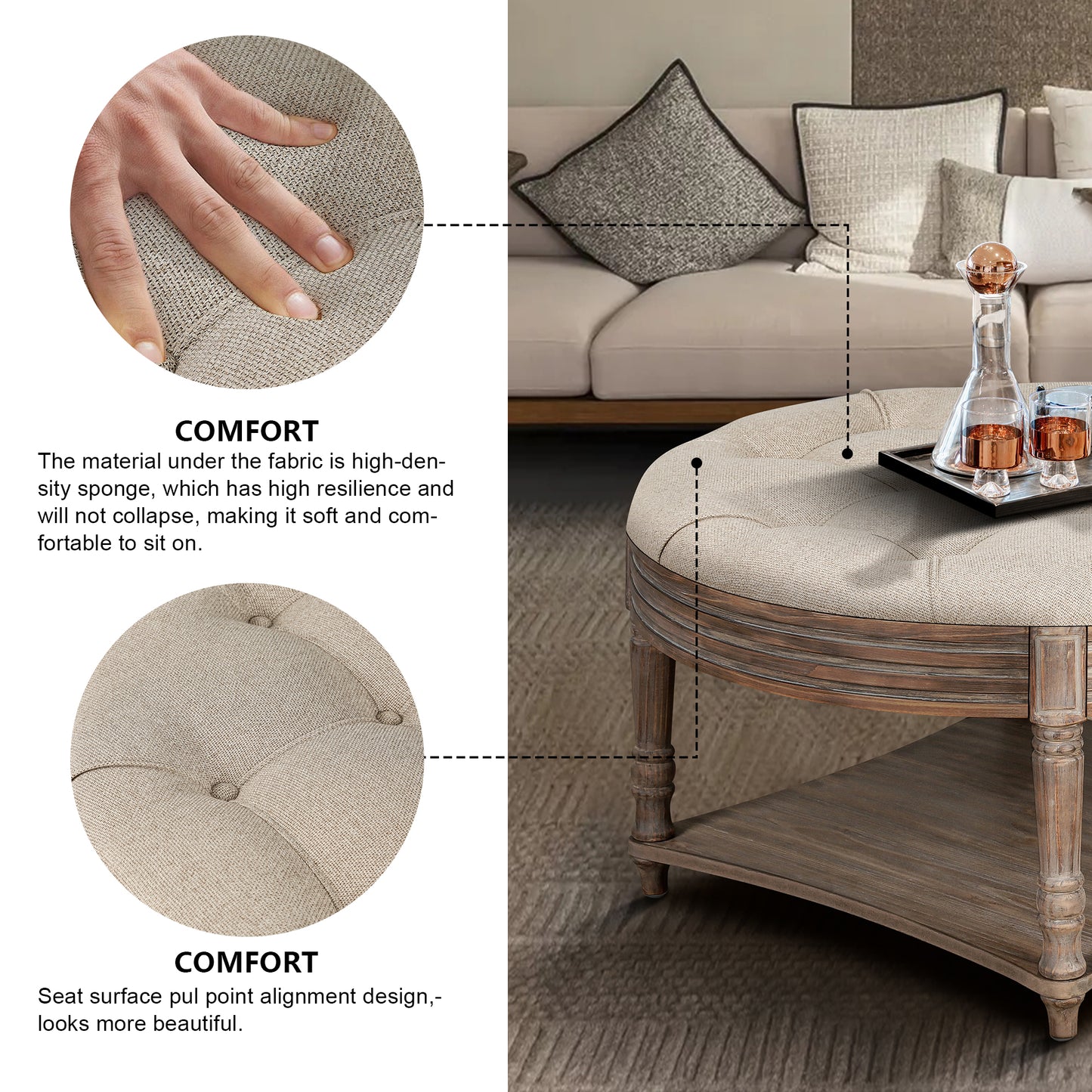 Large Round Waterproof Ottoman Coffee Table with Storage - Gray & Khaki