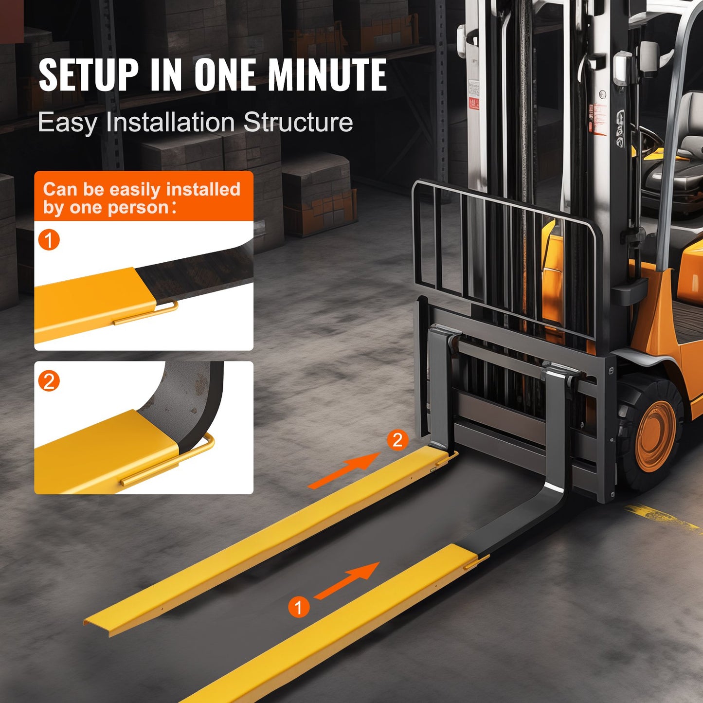 Heavy Duty Forklift Pallet Fork Extensions - 96 Inch Length, Yellow