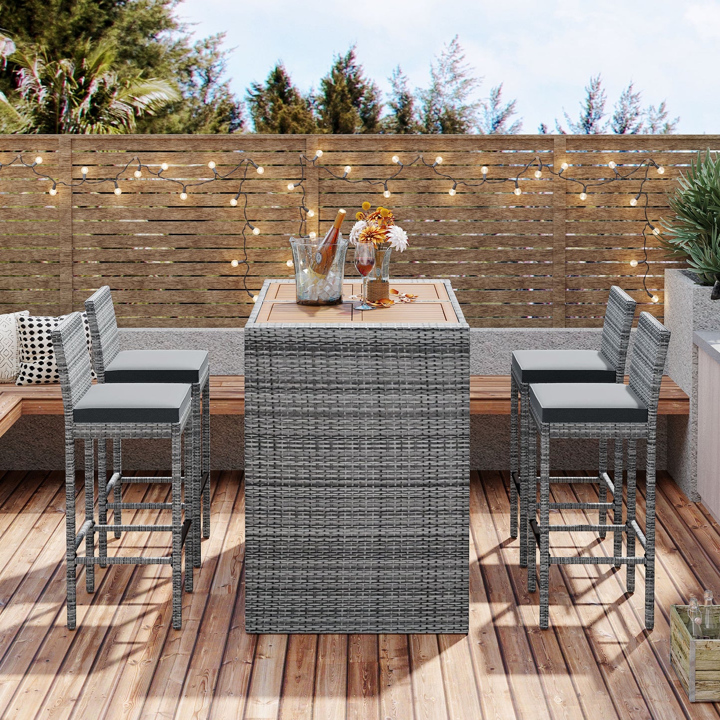 GO 5-pieces Outdoor Patio Wicker Bar Set, Height Chairs With Non-Slip