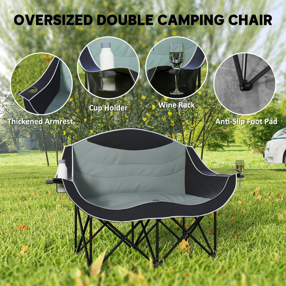 Padded Folding Camp Chair for Adults with Armrests & Cup Holders - Black