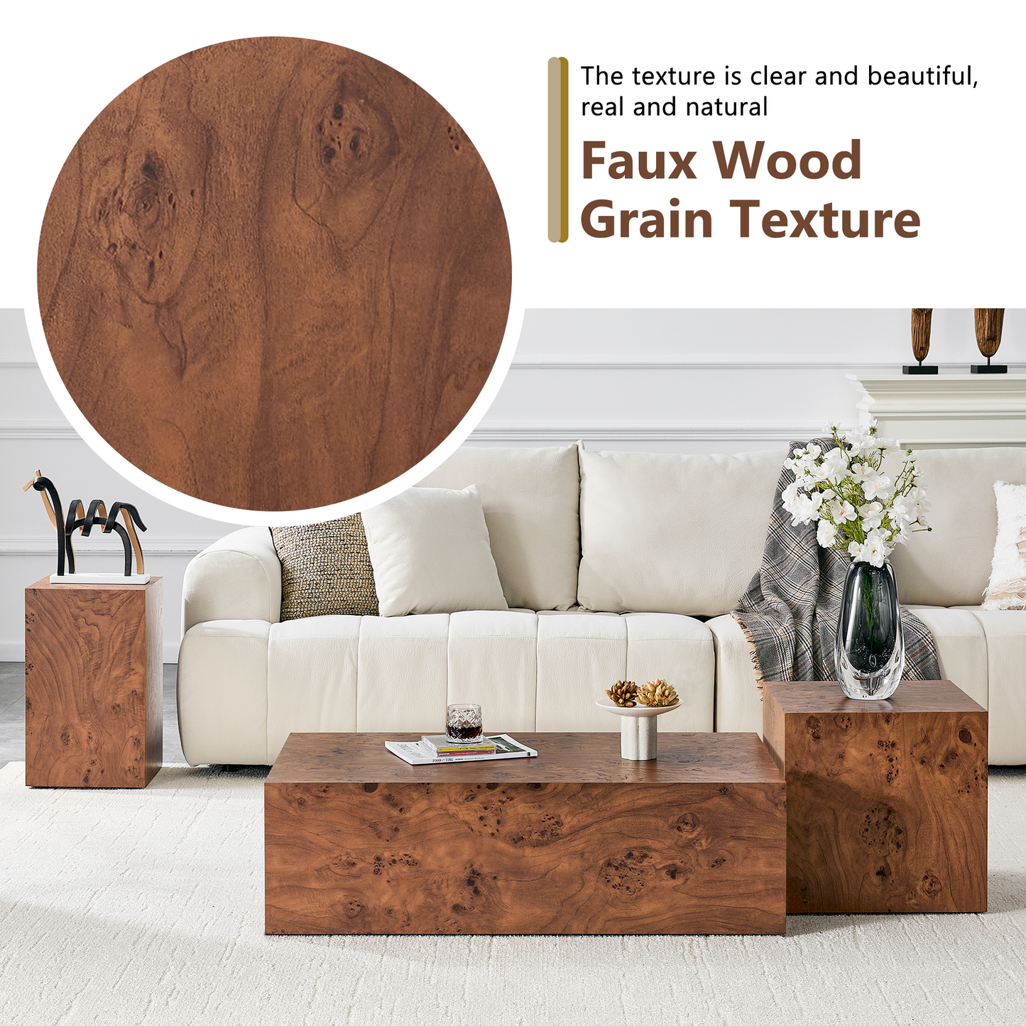 Height Adjustable Burl Walnut Veneer MDF Cube Table - 39.4x21.7x11.8