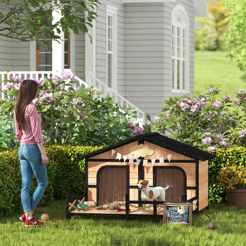 Outdoor Wooden Dog House with Porch & Weatherproof Roof - Small to Medium Dogs