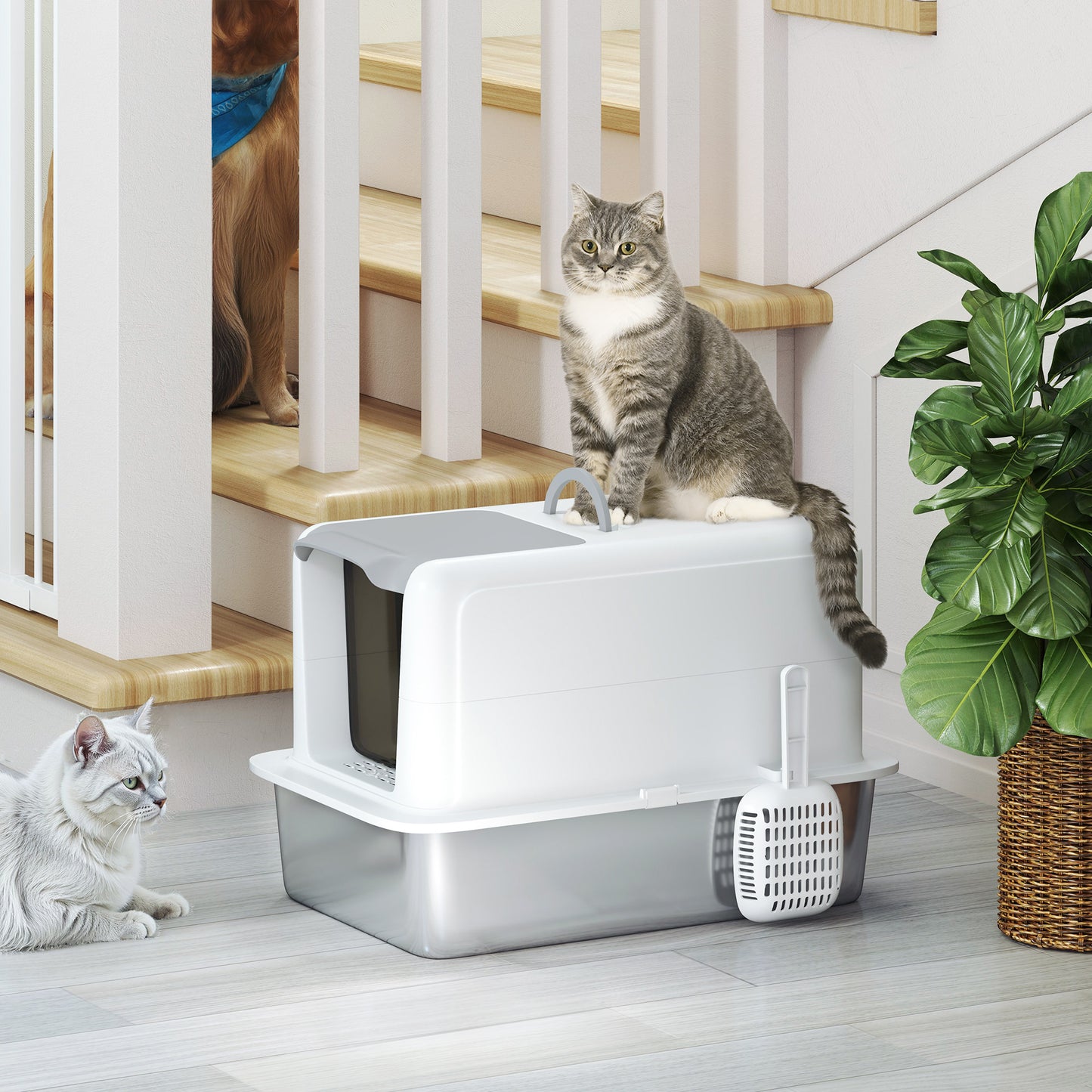 2-in-1 Stainless Steel Cat Litter Box with Removable Lid & Filter Bags