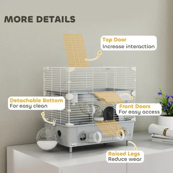 Hamster Cage with Sand Bathroom, Running Wheel & Accessories - Dual-Level Small Pet Habitat