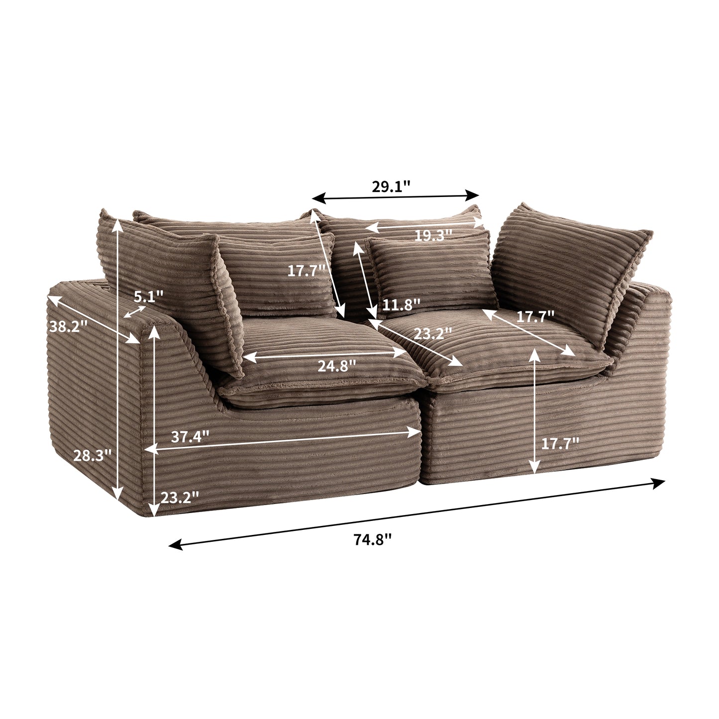 Modular Sectional Sofa - Oversized 2-Seat Cloud Couch in Khaki